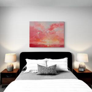 Hearts Aglow in Sherbet Skies Art Print Above Bed