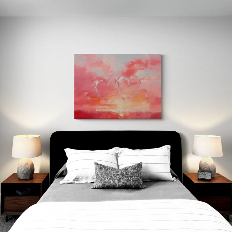 Hearts Aglow in Sherbet Skies Art Print Above Bed
