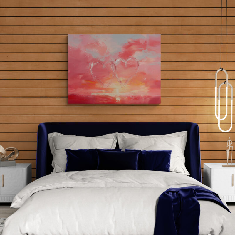Hearts Aglow in Sherbet Skies Canvas Wall Art Above Bed