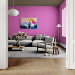 Living room with an canvas print of Canvas featuring two elegant swans in a heartwarming embrace. With their necks forming a perfect heart, this duo is swimming gracefully against a vibrant and colorful backdrop. The swans, painted in sleek whites with hints of Soft blues and pinks, stand out beautifully against a sunset-inspired mix of peach, pink, orange, and purple hues. The water below mirrors the swans, splashed with deep blues and gentle whites.