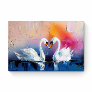 Canvas featuring two elegant swans in a heartwarming embrace. With their necks forming a perfect heart, this duo is swimming gracefully against a vibrant and colorful backdrop. The swans, painted in sleek whites with hints of Soft blues and pinks, stand out beautifully against a sunset-inspired mix of peach, pink, orange, and purple hues. The water below mirrors the swans, splashed with deep blues and gentle whites.