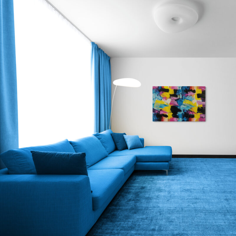 A burst of energy that looks like someone mashed up assorted licorice candies and splattered them across a canvas! This vibrant piece, exploding with bold strokes and playful hues, is a feast for your senses and a guaranteed conversation starter.