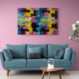 A burst of energy that looks like someone mashed up assorted licorice candies and splattered them across a canvas! This vibrant piece, exploding with bold strokes and playful hues, is a feast for your senses and a guaranteed conversation starter.