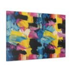 A burst of energy that looks like someone mashed up assorted licorice candies and splattered them across a canvas! This vibrant piece, exploding with bold strokes and playful hues, is a feast for your senses and a guaranteed conversation starter.