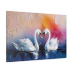 Canvas featuring two elegant swans in a heartwarming embrace. With their necks forming a perfect heart, this duo is swimming gracefully against a vibrant and colorful backdrop. The swans, painted in sleek whites with hints of Soft blues and pinks, stand out beautifully against a sunset-inspired mix of peach, pink, orange, and purple hues. The water below mirrors the swans, splashed with deep blues and gentle whites.